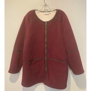 d&co Women's Plum Purple Fleece Full Zip Collarless Tunic Coat Jacket Pockets